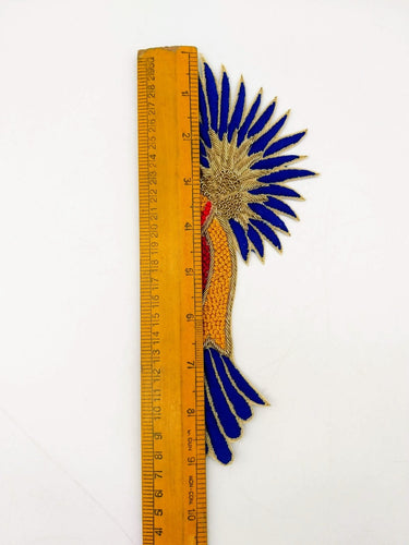 Hand Embroidered Bird Applique With Yellow, Blue and Red Embroidery With Antique Gold Zardozi Work, Bird Applique